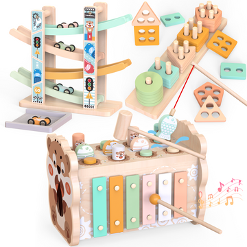 3-in-1 Wooden Montessori Toy – Car Ramp Racer & Hammering Xylophone