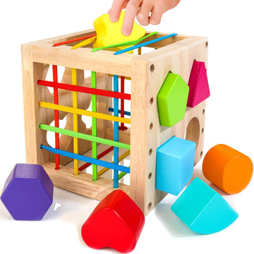 Wooden Shape Sorter Cube – Montessori Toy with 8 Rattling Shapes