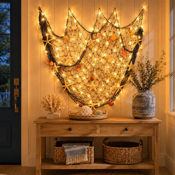 Coastal Fishing Net Wall Hanging with Fairy Lights