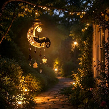 Solar Hanging Moon Black Cat Light Resin Craft