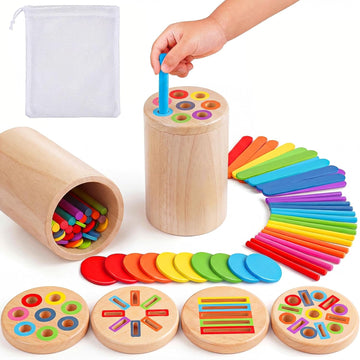 4-in-1 Cylindrical Type Wooden Montessori Toy – Fine Motor & Color Sorting