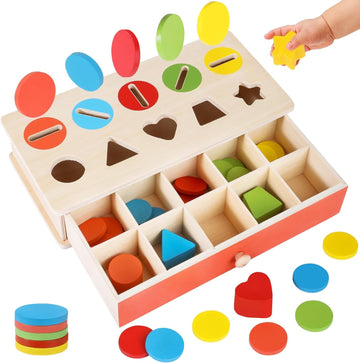 Wooden Color & Shape Sorting Toy – 5-in-1 Matching Box with Drawers