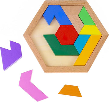 Wooden Hexagon Tangram Puzzle – Shape Pattern Blocks Brain Teaser