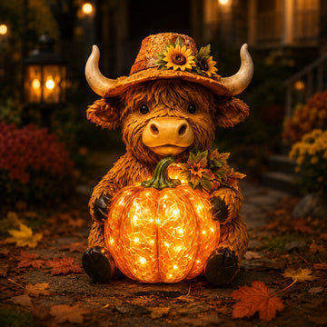 Solar-Powered Highland Cow with a Glowing Pumpkin