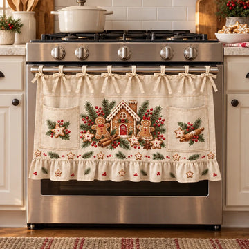 Christmas Kitchen Tie-On Skirt with Pockets & Ruffled Trim