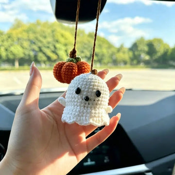 Crochet Ghost & Pumpkin Rear View Mirror Charm