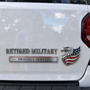 Retired Military Proudly Served Eagle Car Emblem Metal Badge