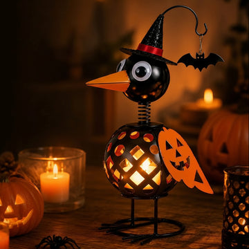 Wrought Iron Crow and Pumpkin Ornament
