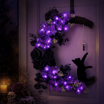 Light Up Your Door With a Magical Halloween Moon Cat Wreath