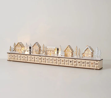 Lighted Christmas Village Advent Calendar Countdown Decor for Holiday Mantel, Shelf & Tabletop Display
