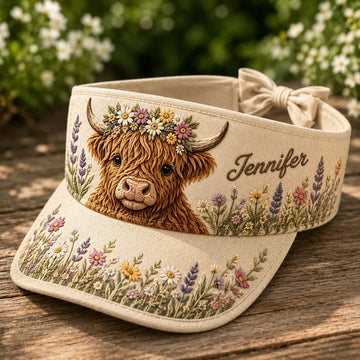 Personalized Floral Highland Cow Sun Visor Hat