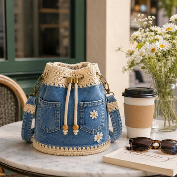 Denim Crochet Bucket Bag Casual Summer Everyday Carryall
