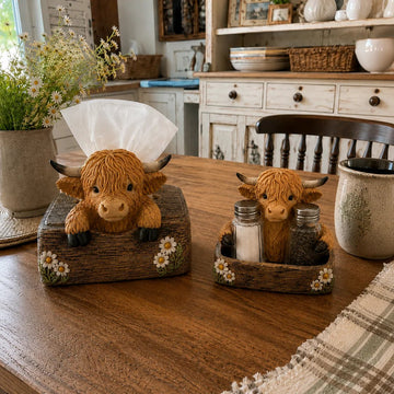 Highland Cow Farmhouse Salt & Pepper Holder / Tissue Cover