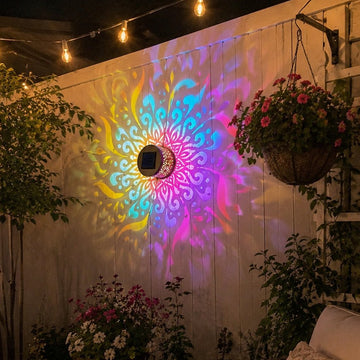 Solar Mandala Wall Light Outdoor Garden Fence Projector Lamp Patio Ambient Decor